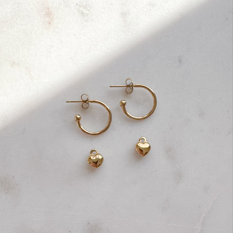 Gold Mini Puff Heart Hoop Earrings - 2 in 1 Hoops