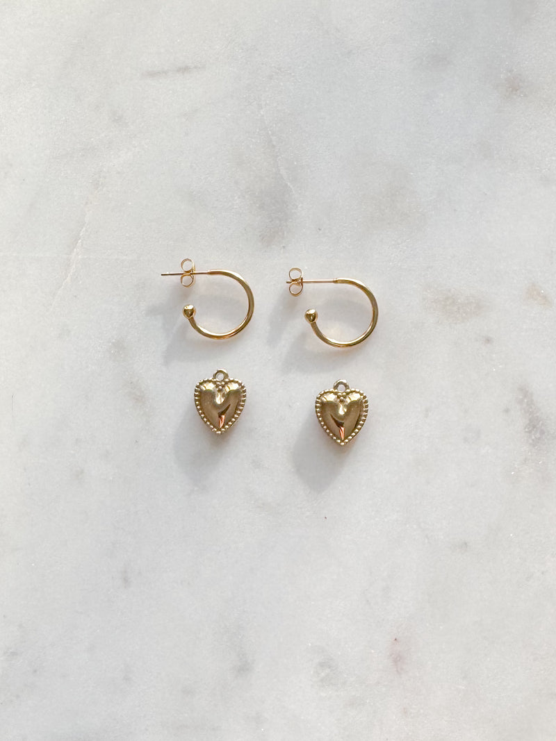 Gold Fancy Puff Heart Hoop Earrings - 2 in 1 Hoops