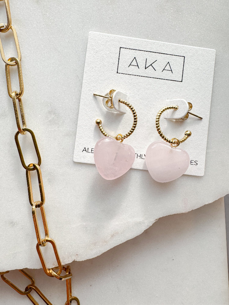 Gemstone Heart Hoop Earrings - 2 in 1 Hoops | Rose Quartz