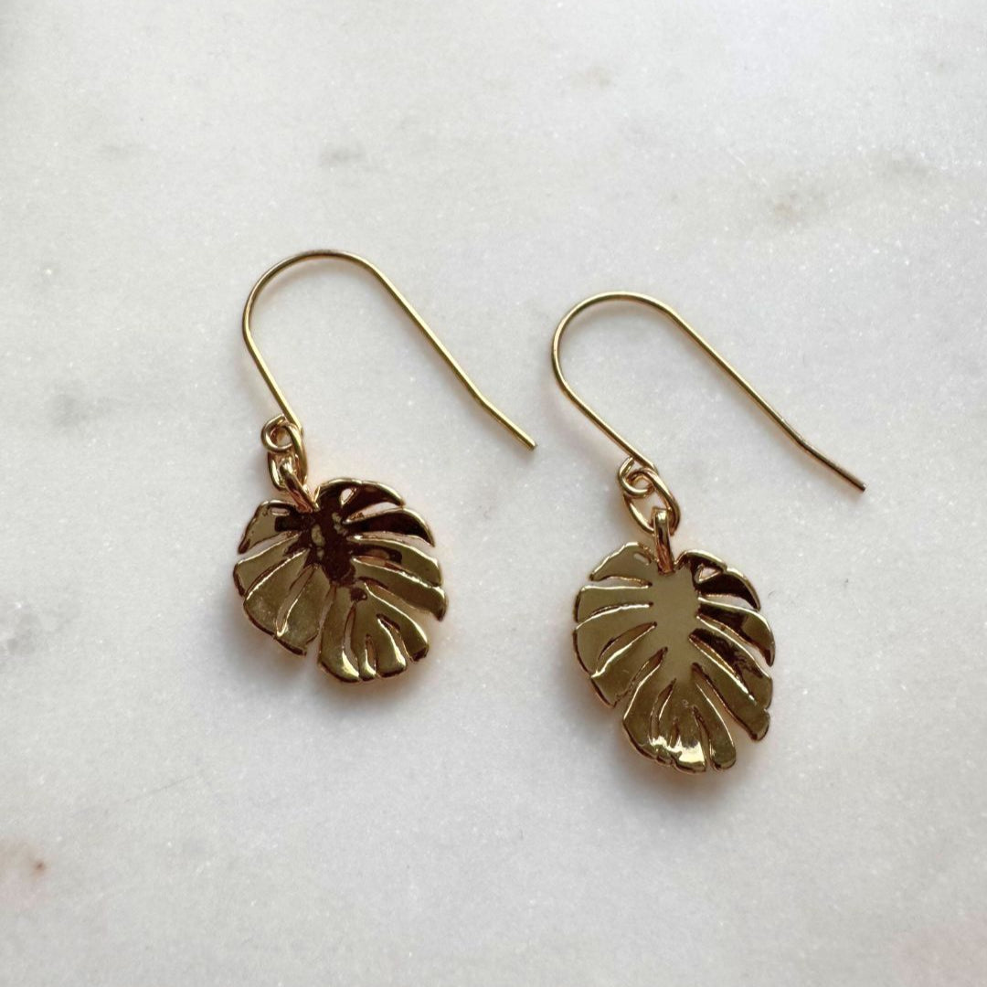 Gold Monstera Dangle Earrings